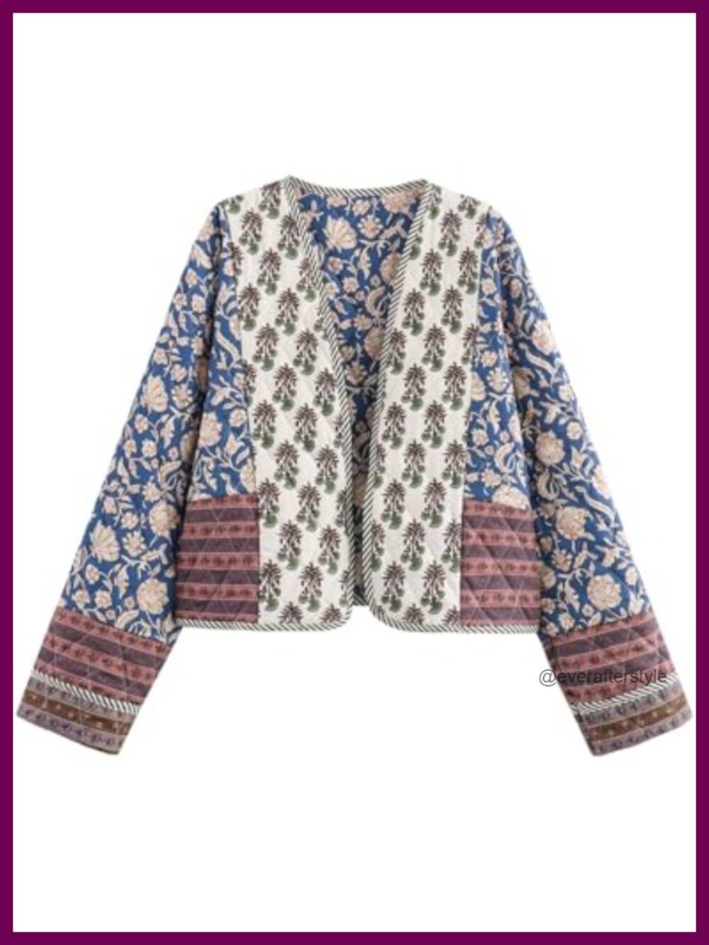 Quilted Floral Cropped Puffer Jacket Open Front Lightweight